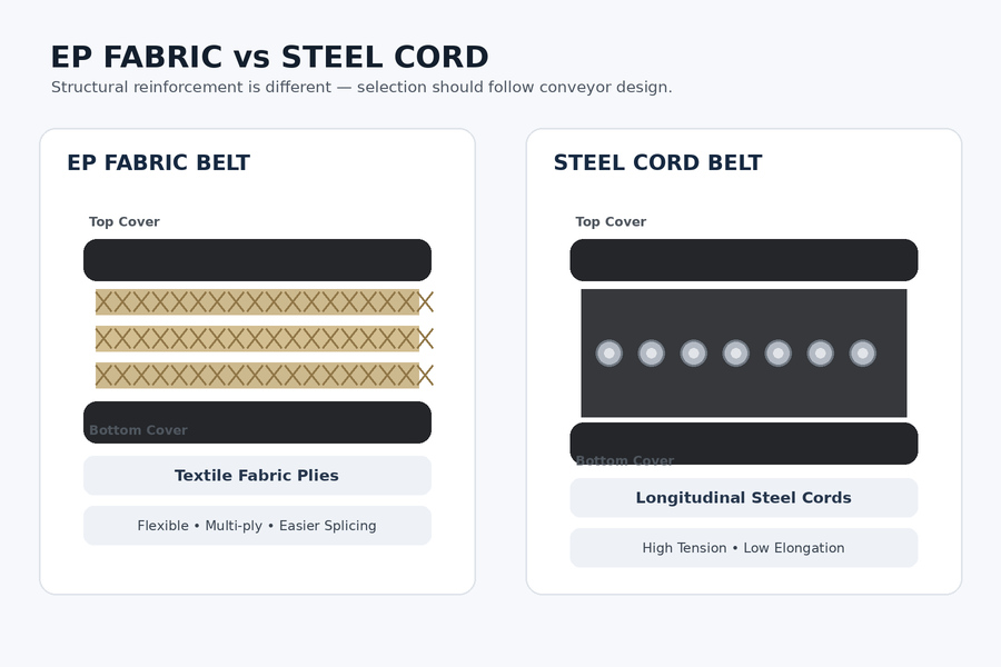 EP fabric conveyor belt versus steel cord conveyor belt construction
