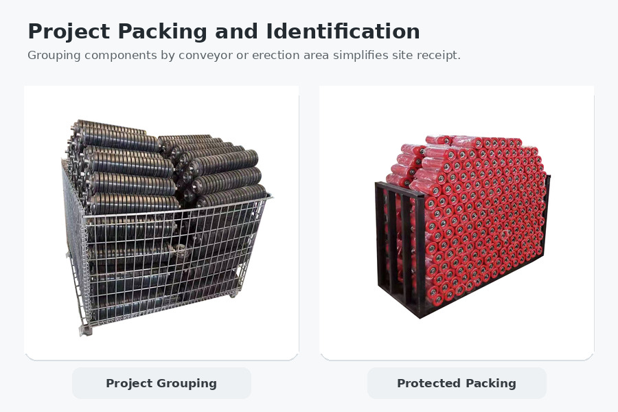 Conveyor rollers grouped and protected for project packing and shipment