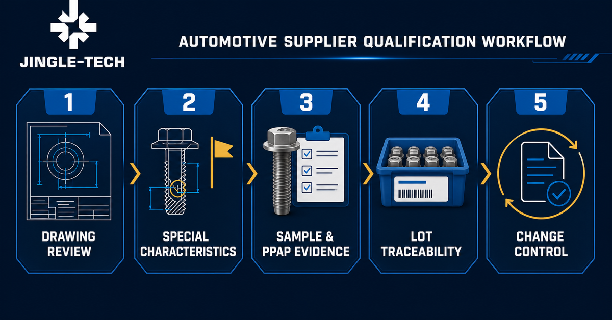 Buyer qualification workflow linking automotive fastener drawing, APQP, PPAP, traceability and change control