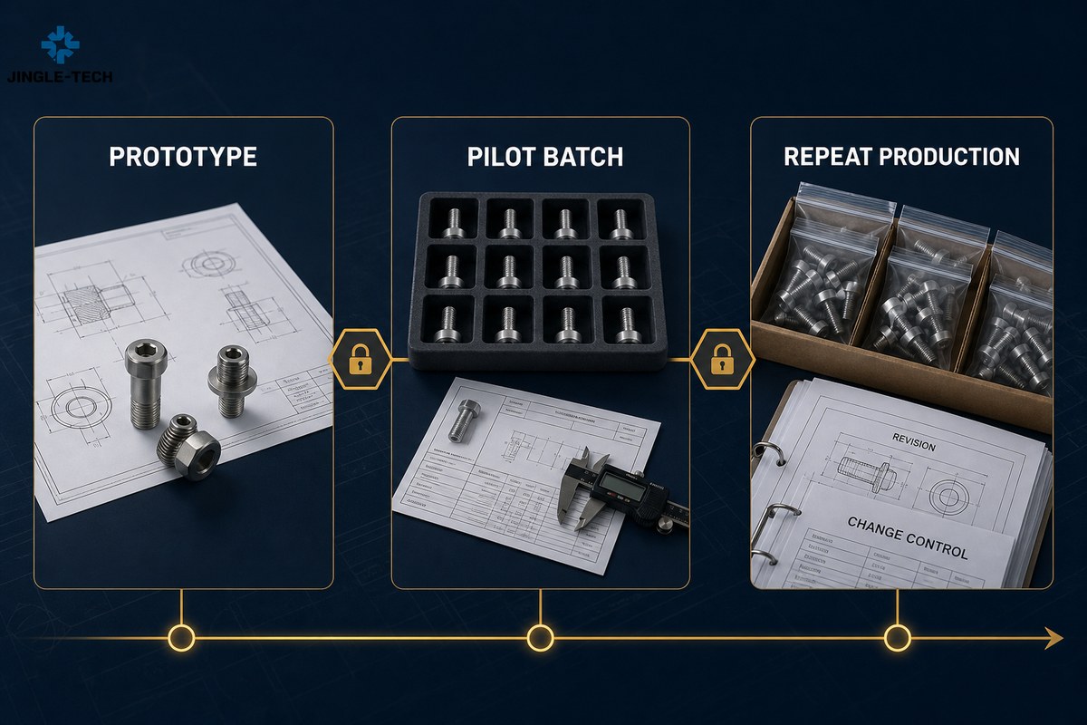 Prototype to pilot to repeat production evidence gates for low MOQ custom fasteners