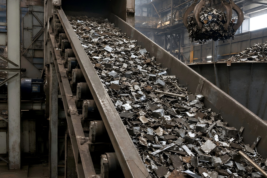 Metal scrap recycling conveyor belt handling sharp and irregular waste