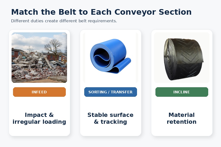 Recycling yard conveyor system handling mixed scrap material