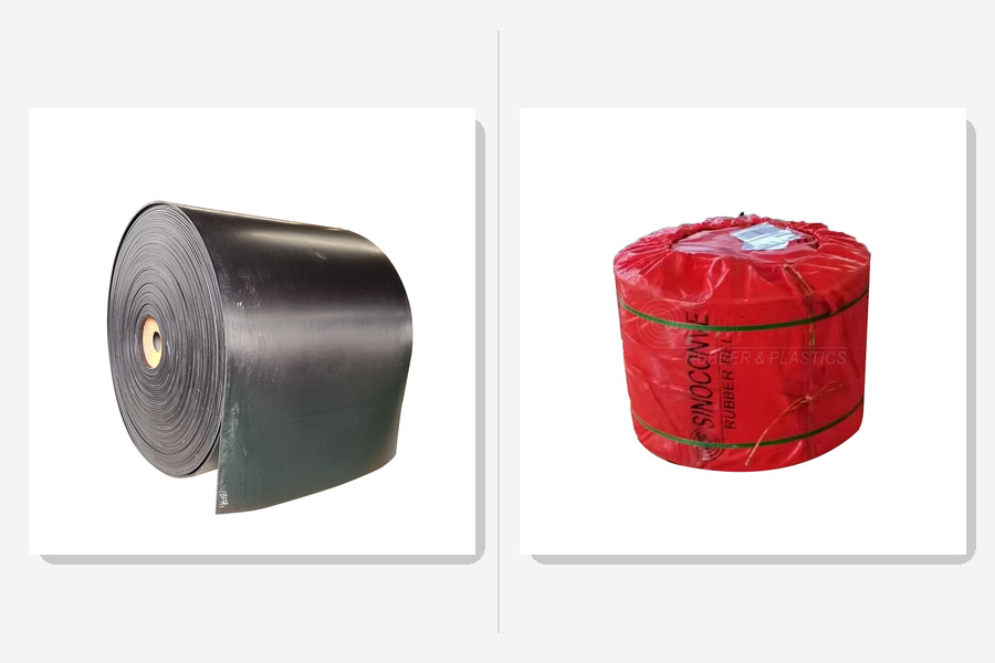 Finished rubber conveyor belt roll and export packaging for bulk shipment