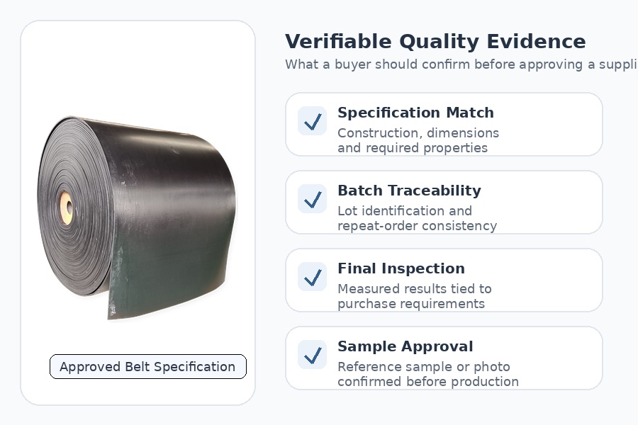 Infographic showing verifiable quality evidence for industrial belt supplier approval