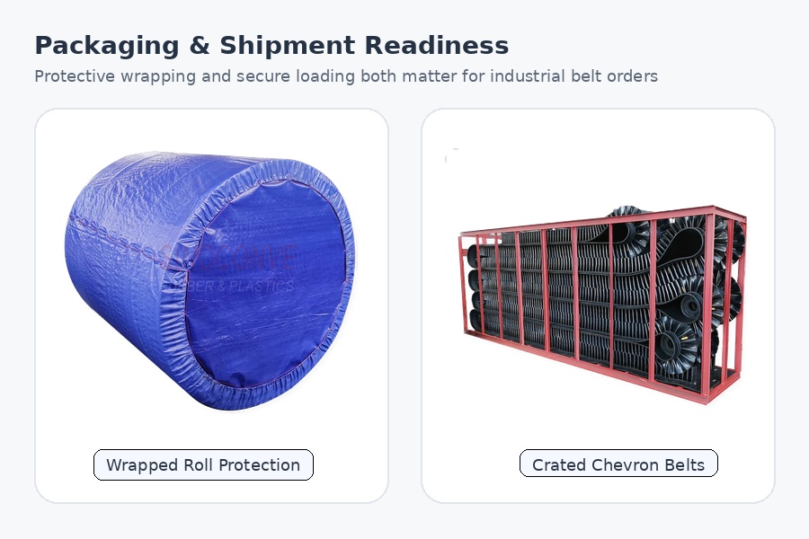 Industrial belt packaging methods including wrapped roll protection and crated chevron belts