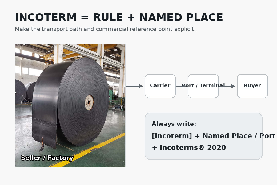 Incoterm planning diagram for a conveyor belt export order showing the seller, carrier, port or terminal, buyer, and named-place requirement.