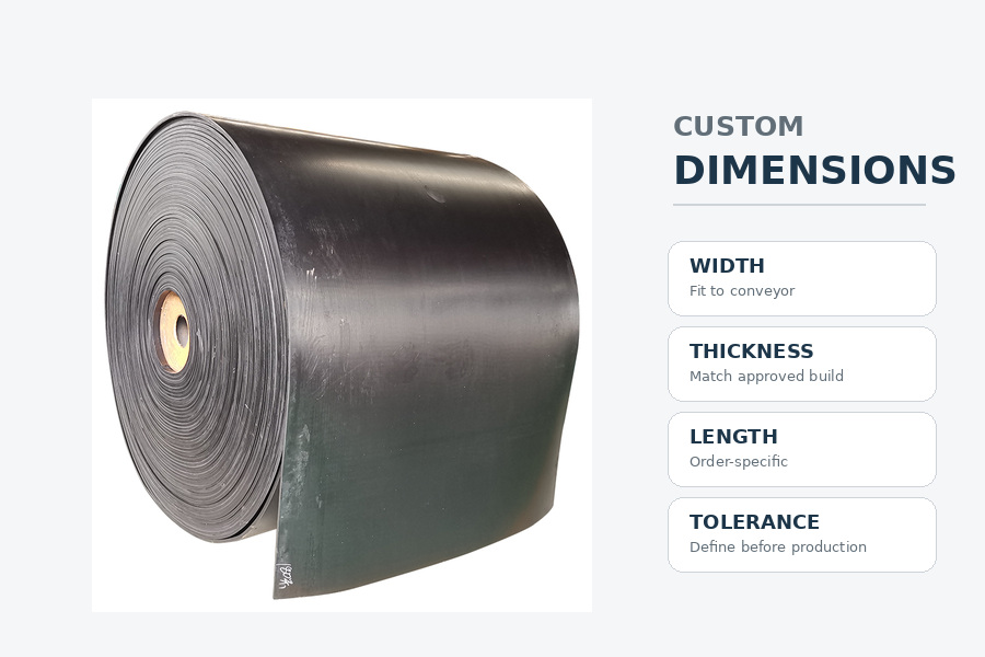 Custom rubber conveyor belt roll showing configurable width, thickness, length and dimensional tolerance