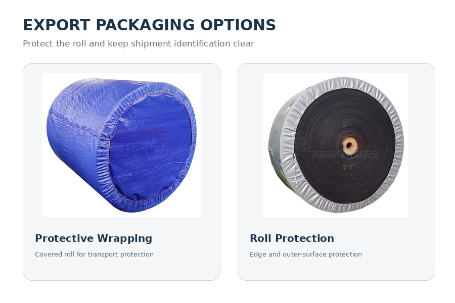 Export packaging options for custom conveyor belt rolls with protective wrapping