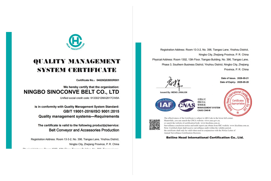 ISO 9001:2015 quality management system certificate for Ningbo Sinoconve Belt Co., Ltd.