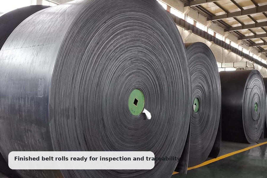Finished rubber conveyor belt rolls in a conveyor belt manufacturing workshop ready for inspection