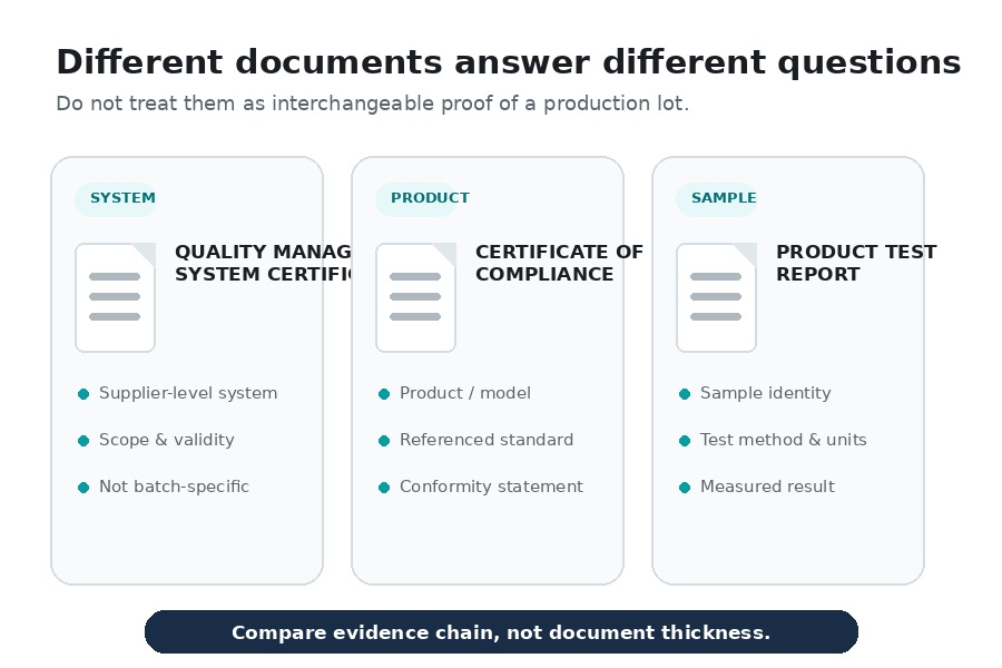 Comparison of quality management certificate, certificate of compliance and conveyor belt product test report