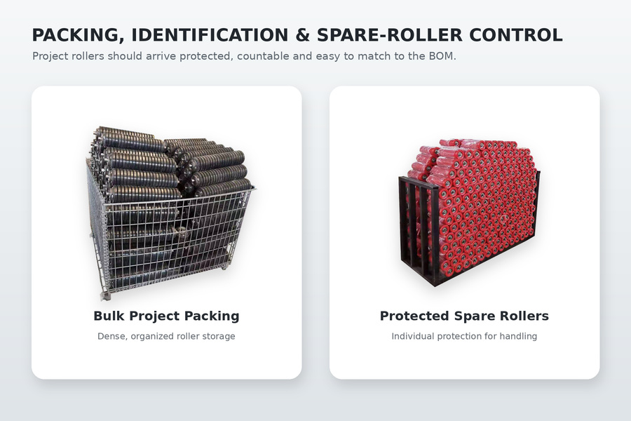 Bulk conveyor roller packing and protected spare rollers for EPC project shipment