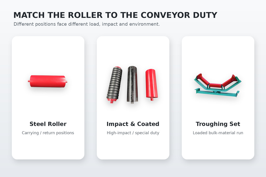 Conveyor roller types for carrying impact and troughing duties in bulk handling systems