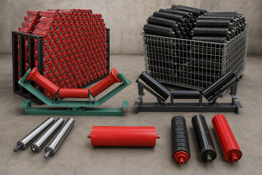 Different conveyor idler and roller types including troughing idlers, steel rollers and rubber disc rollers