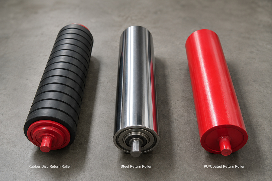 Rubber disc, steel and coated return rollers for belt conveyor systems