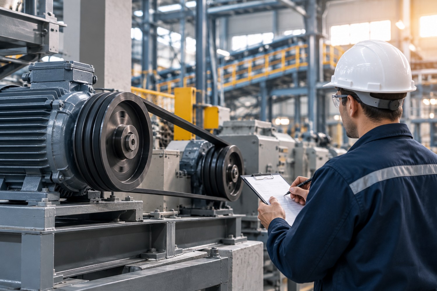 Industrial technician inspecting a V-belt drive system to verify pulley condition, belt alignment and power transmission compatibility.