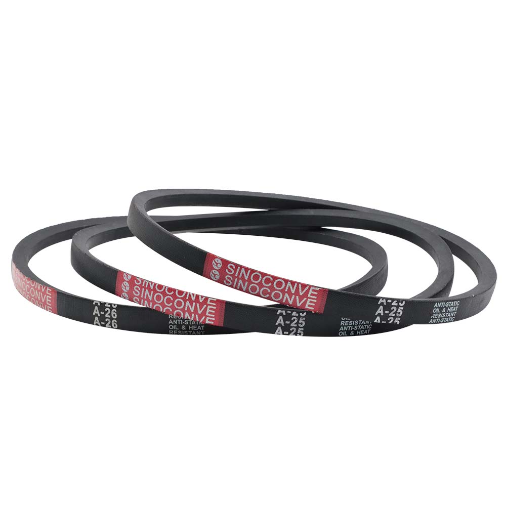 Industrial V-belts with visible size markings for replacement identification and heavy-duty power transmission applications.