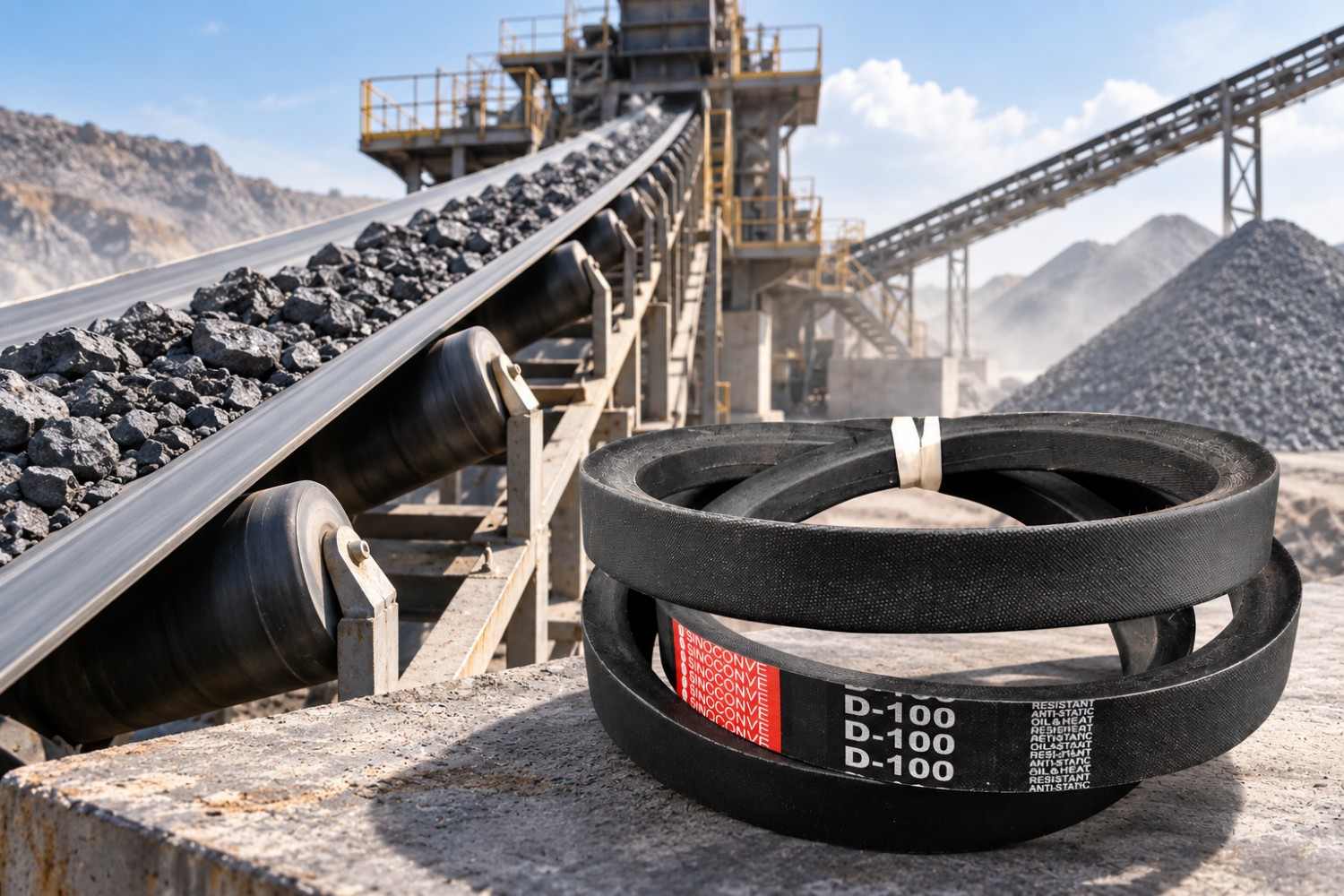 Industrial V-belts for heavy-duty drive applications in a quarry crushing and material handling environment.