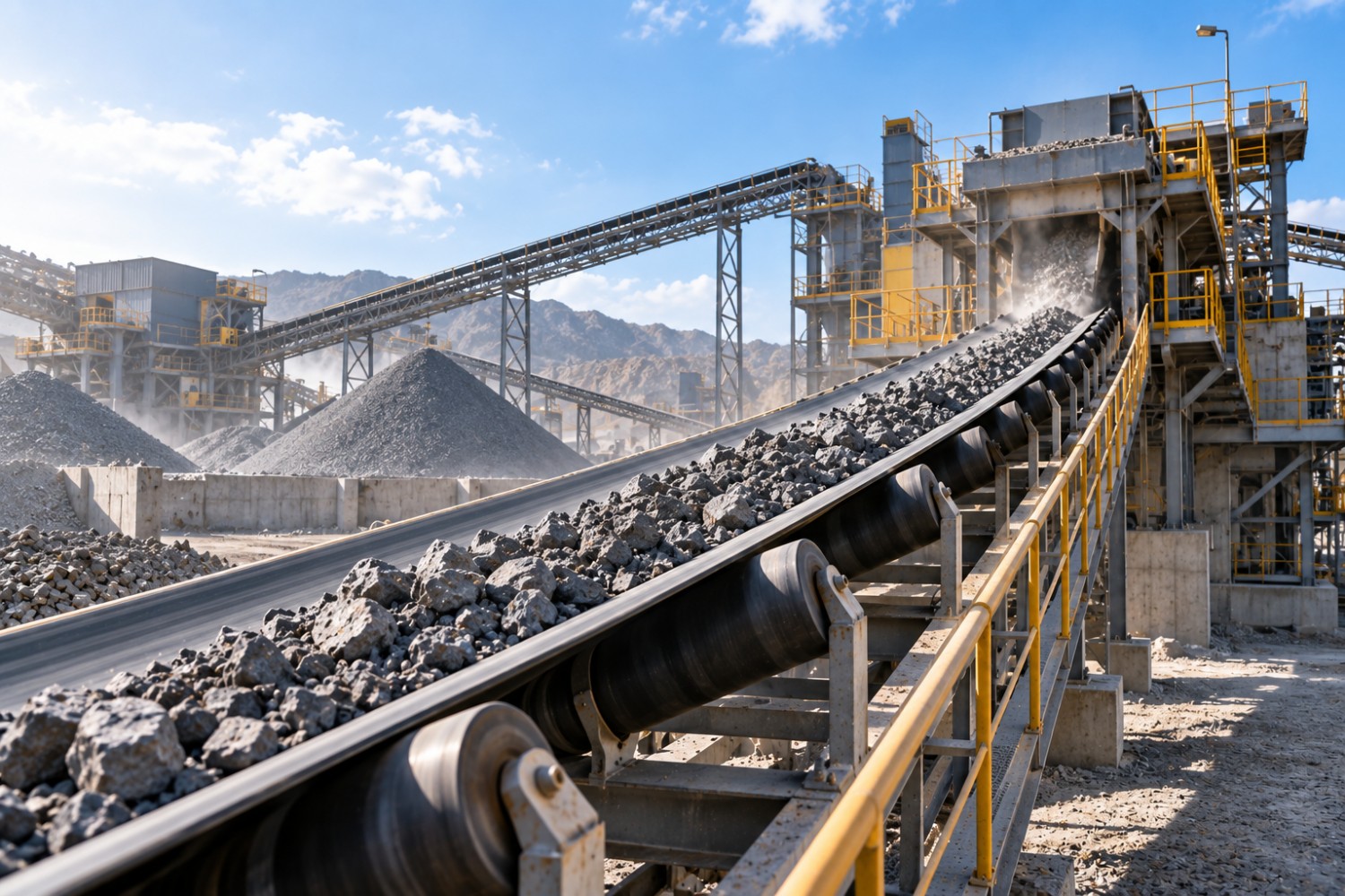 Quarry crushing and aggregate conveying system operating in a dusty heavy-duty industrial environment.