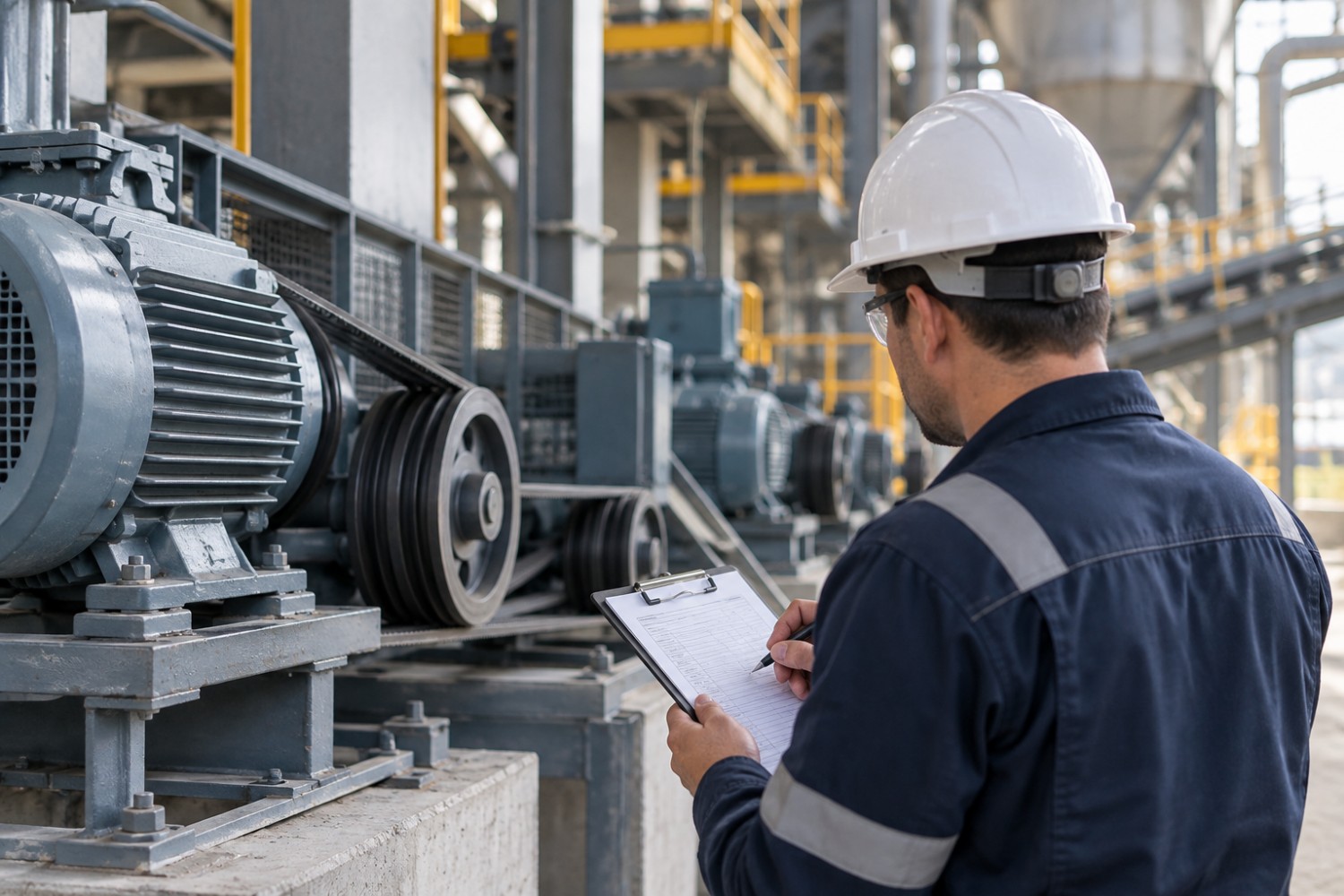 An industrial engineer inspecting a belt-driven machine as part of equipment verification, illustrating why OEM sourcing should consider operating conditions, drive configuration and inspection requirements—not belt dimensions alone.