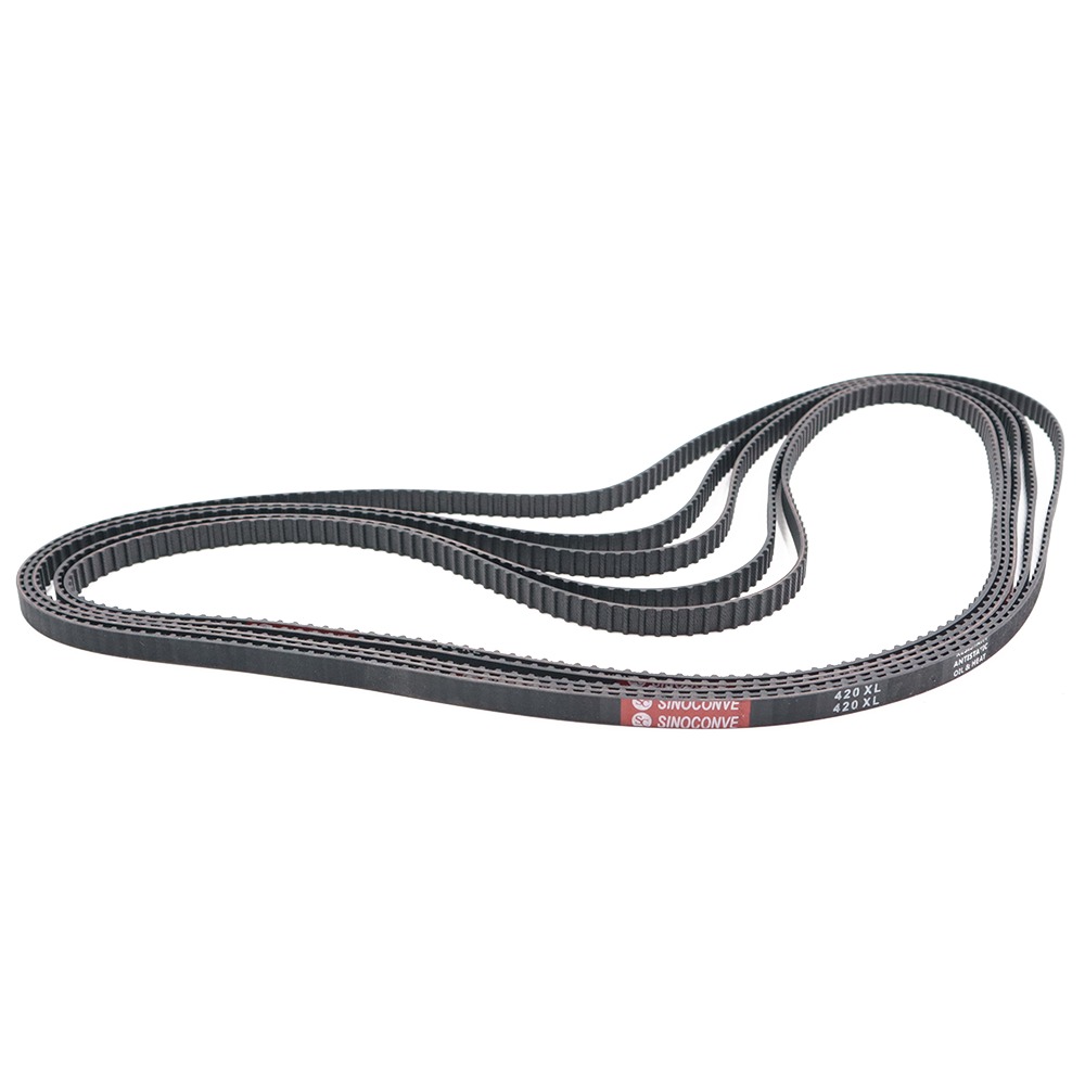 Rubber timing belt close-up showing trapezoidal teeth and fabric backing