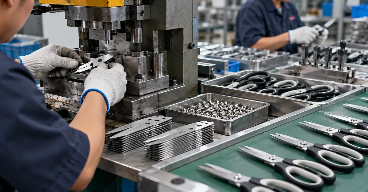 Scissors manufacturing assembly process in factory