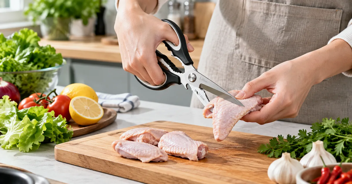 Kitchen scissors cutting chicken in food prep scene