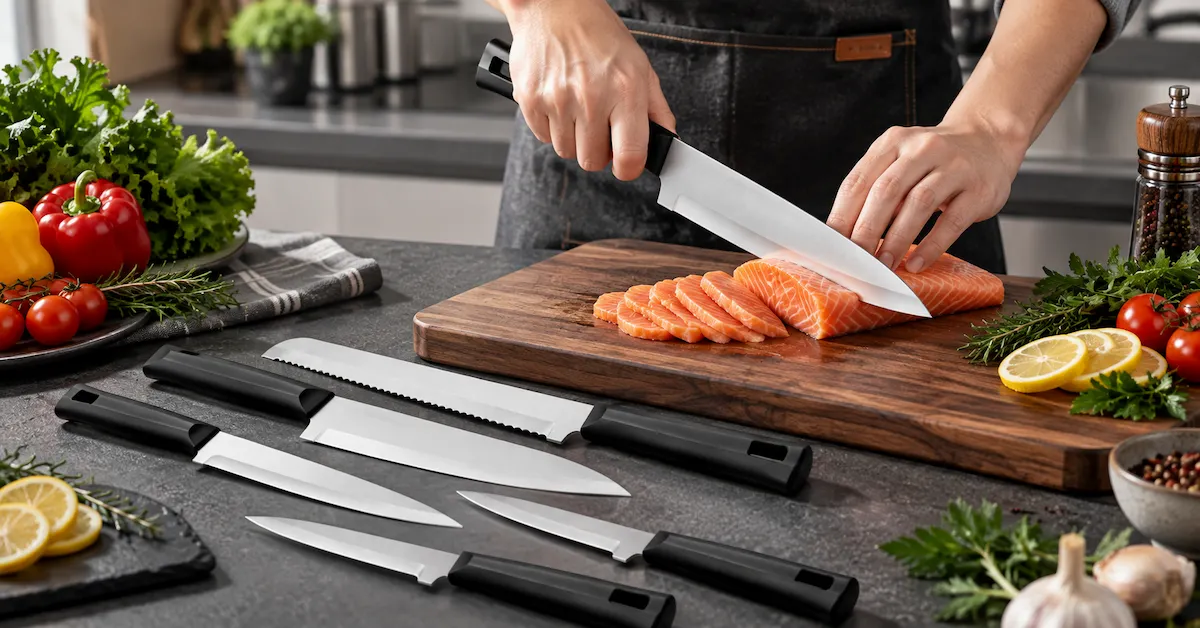 Kitchen knife slicing salmon in prep scene
