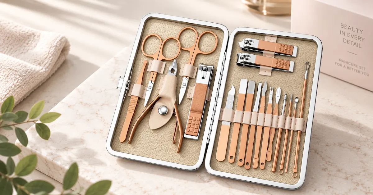 Kit per manicure pronto per la vendita al dettaglio, prodotto da un'azienda specializzata.