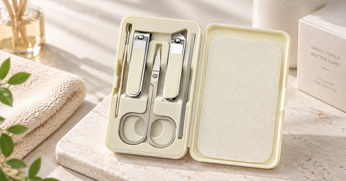 Kit per manicure pronto per la vendita al dettaglio, prodotto da un'azienda specializzata.