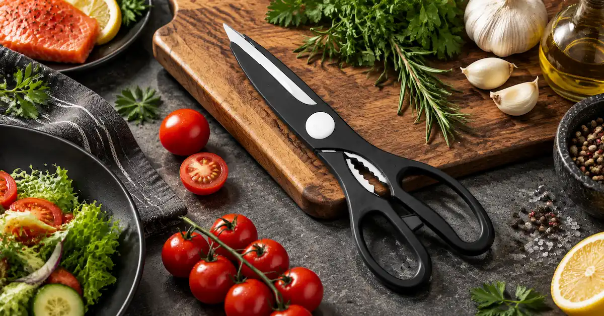 Black kitchen shears in food preparation scene