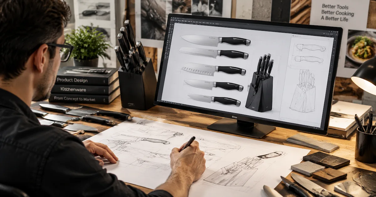 Chef knife set product design process on computer