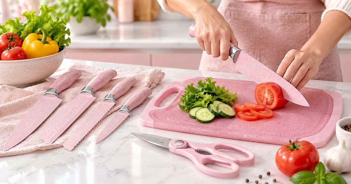 Pink kitchenware knife set cooking scene