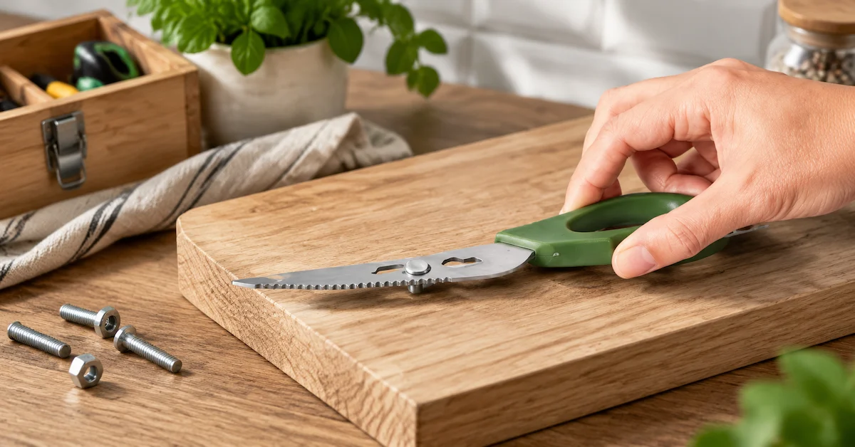 Kitchen scissors application on wooden workbench