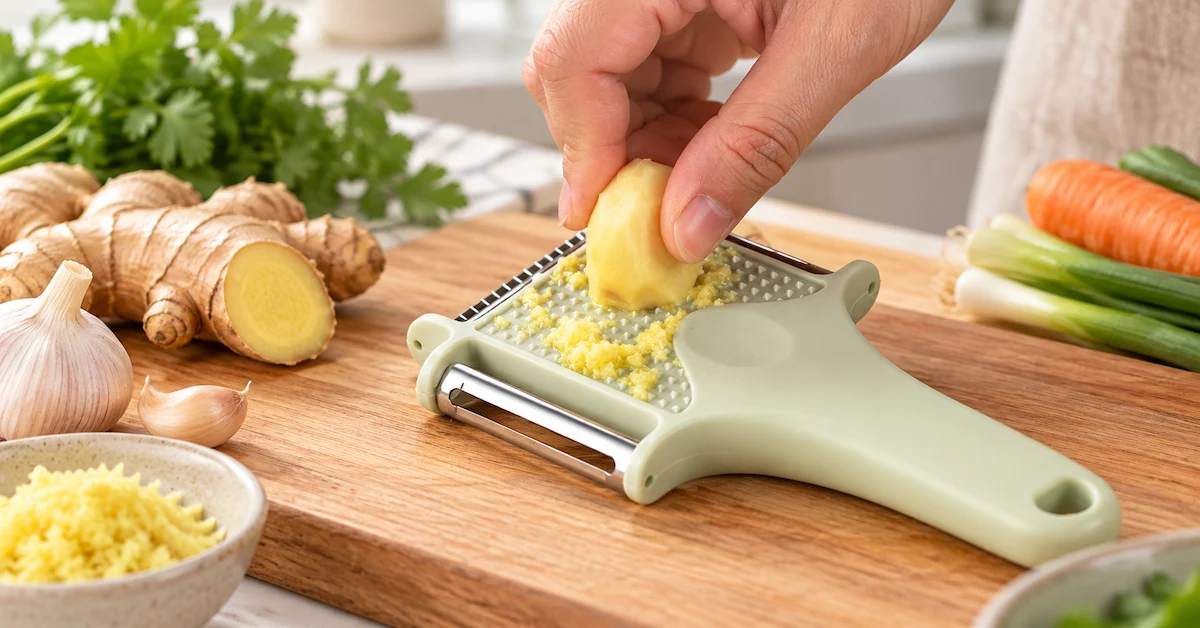 Kitchen peeler grating ginger on cutting board
