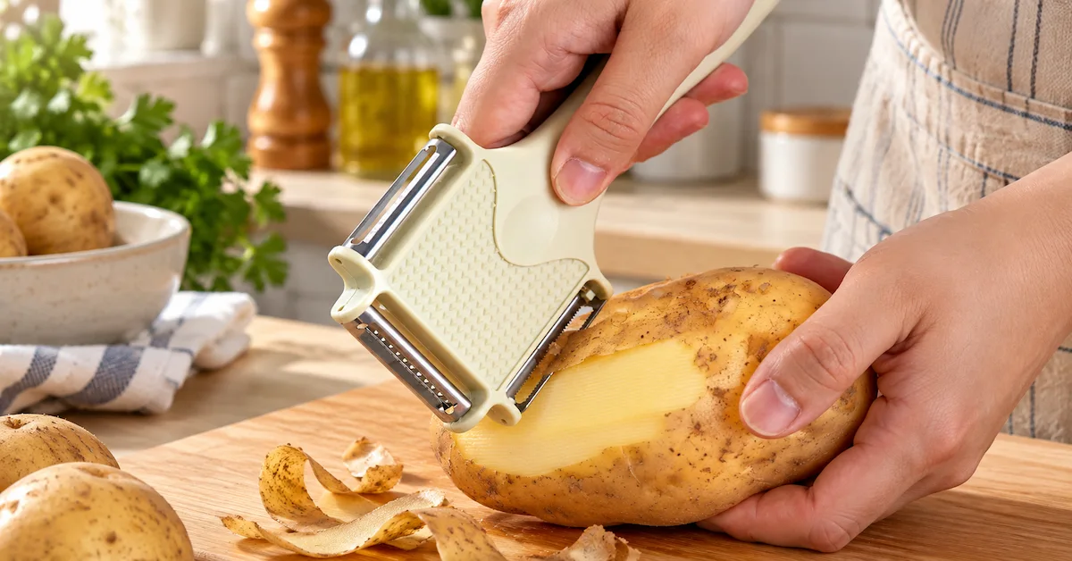 Portable peeler potato preparation kitchen scene
