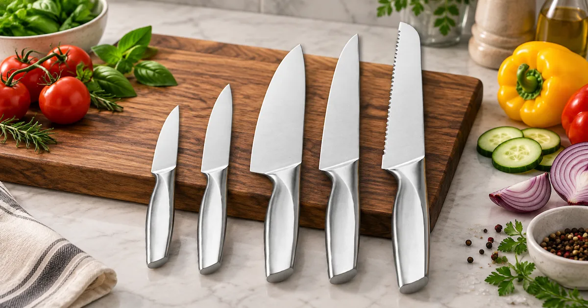 Stainless steel kitchen knife set display scene