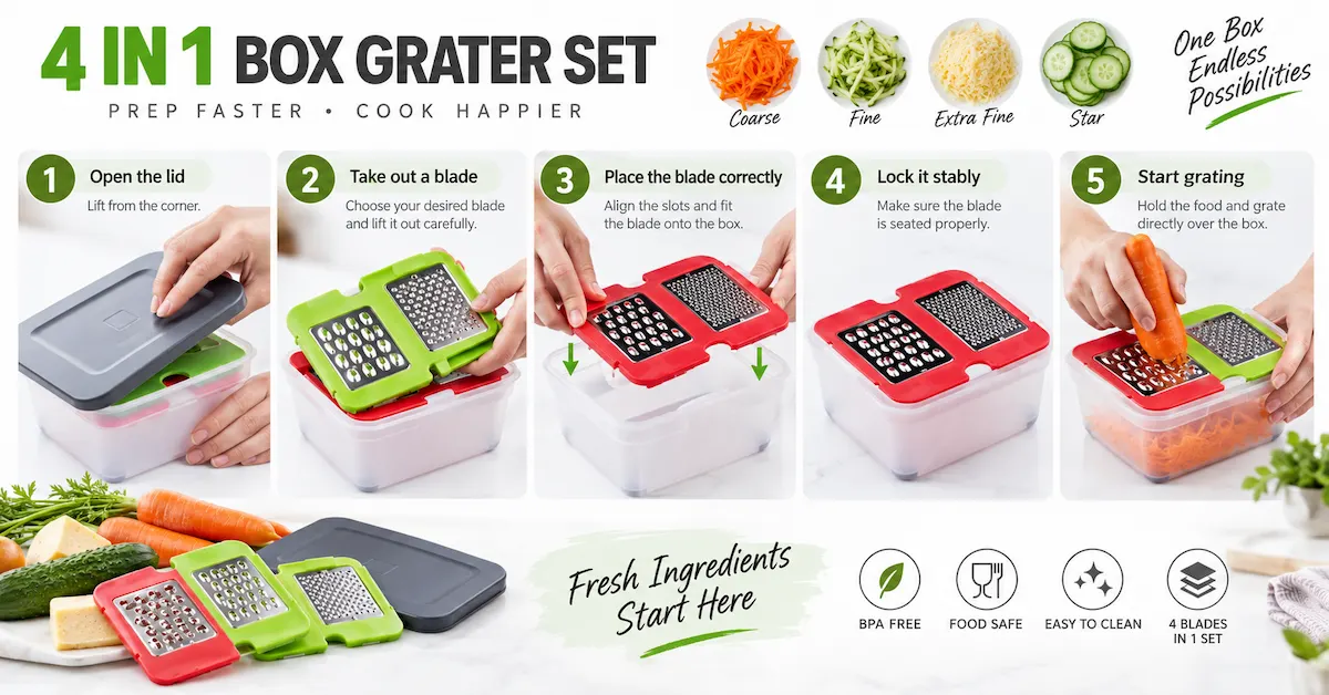 Box grater set usage guide with blade steps