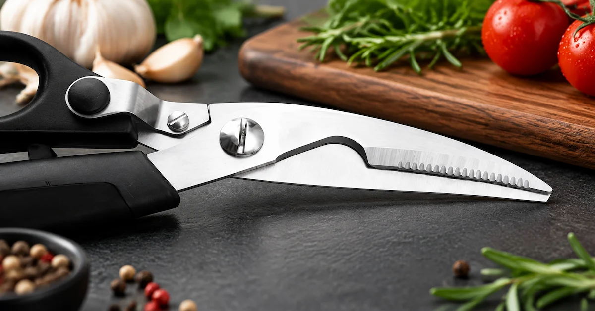 Stainless steel kitchen scissors detail display