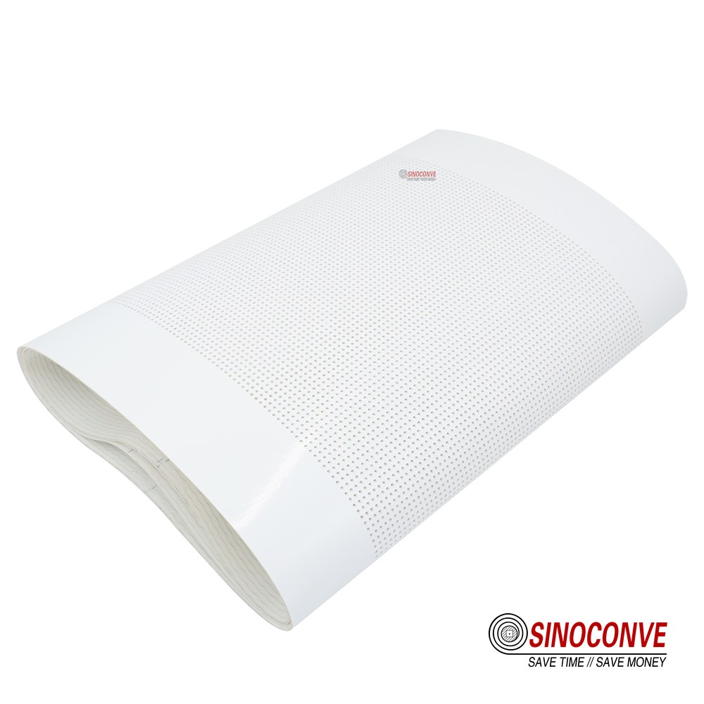 PU conveyor belt surface with a perforated pattern compared with a PVC belt
