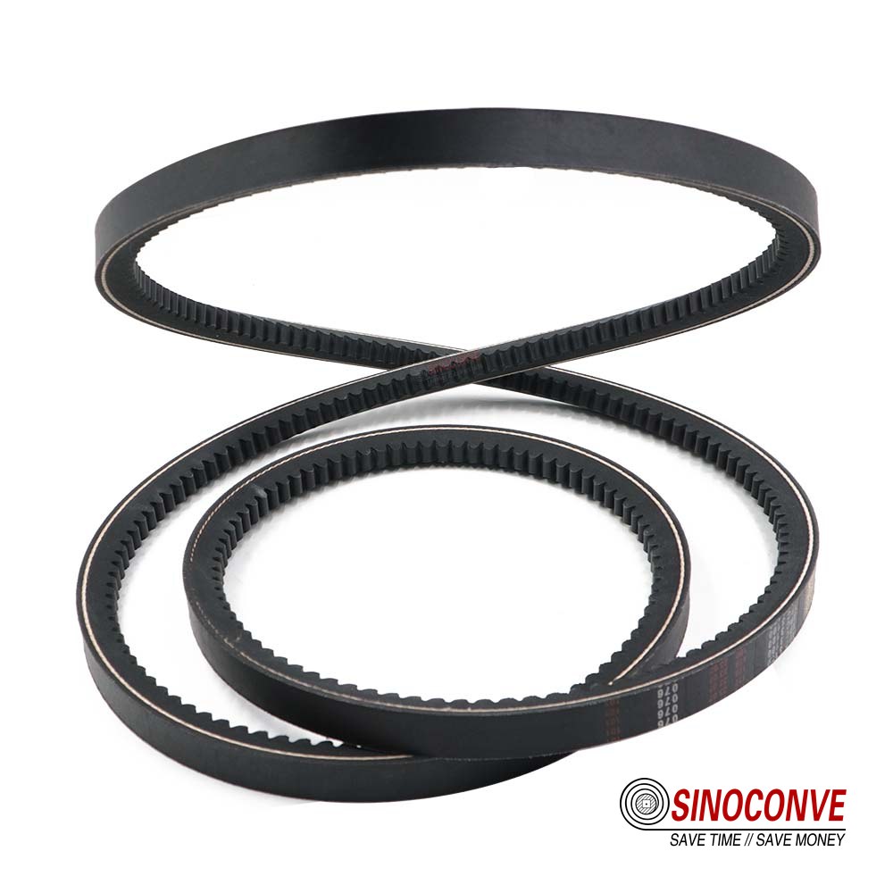 Wrapped top edge and cogged underside of a V-belt that must match the pulley groove angle