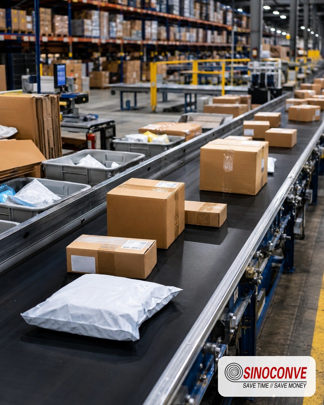 Light duty PVC belt on a logistics sorting line carrying parcels between diverters