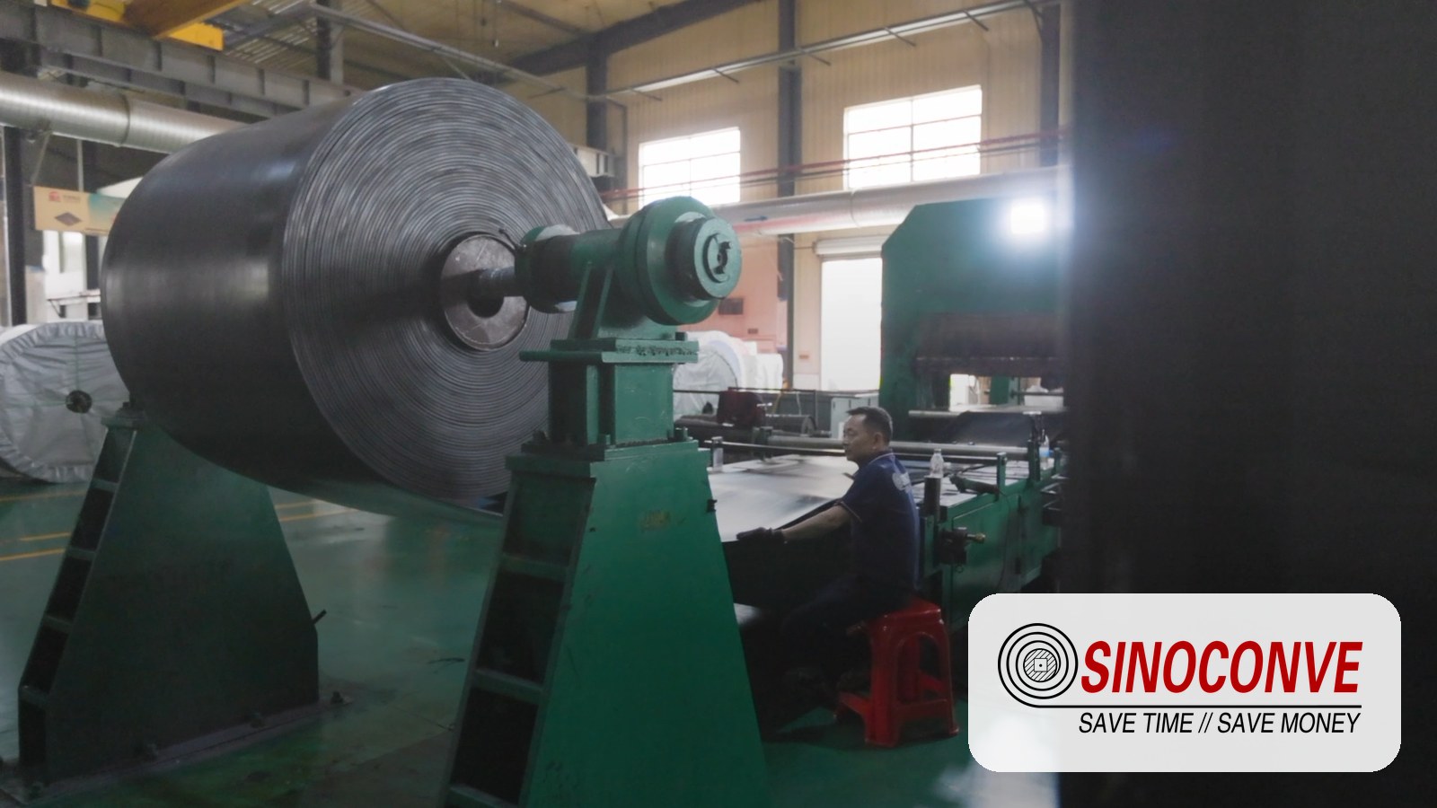 Belt running through the production line at our conveyor belt factory