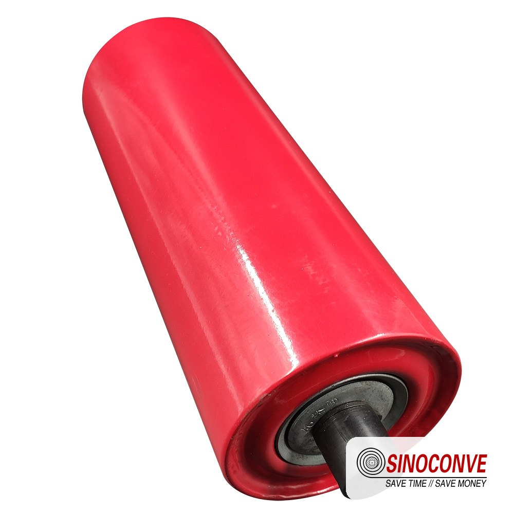 steel conveyor roller with shaft ends and machined bearing housings for a bulk handling idler