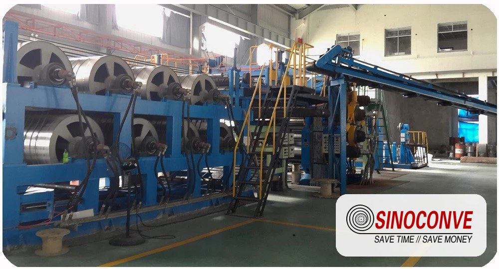 Splice work and inspection station at the SINOCONVE rubber conveyor belt factory in Ningbo