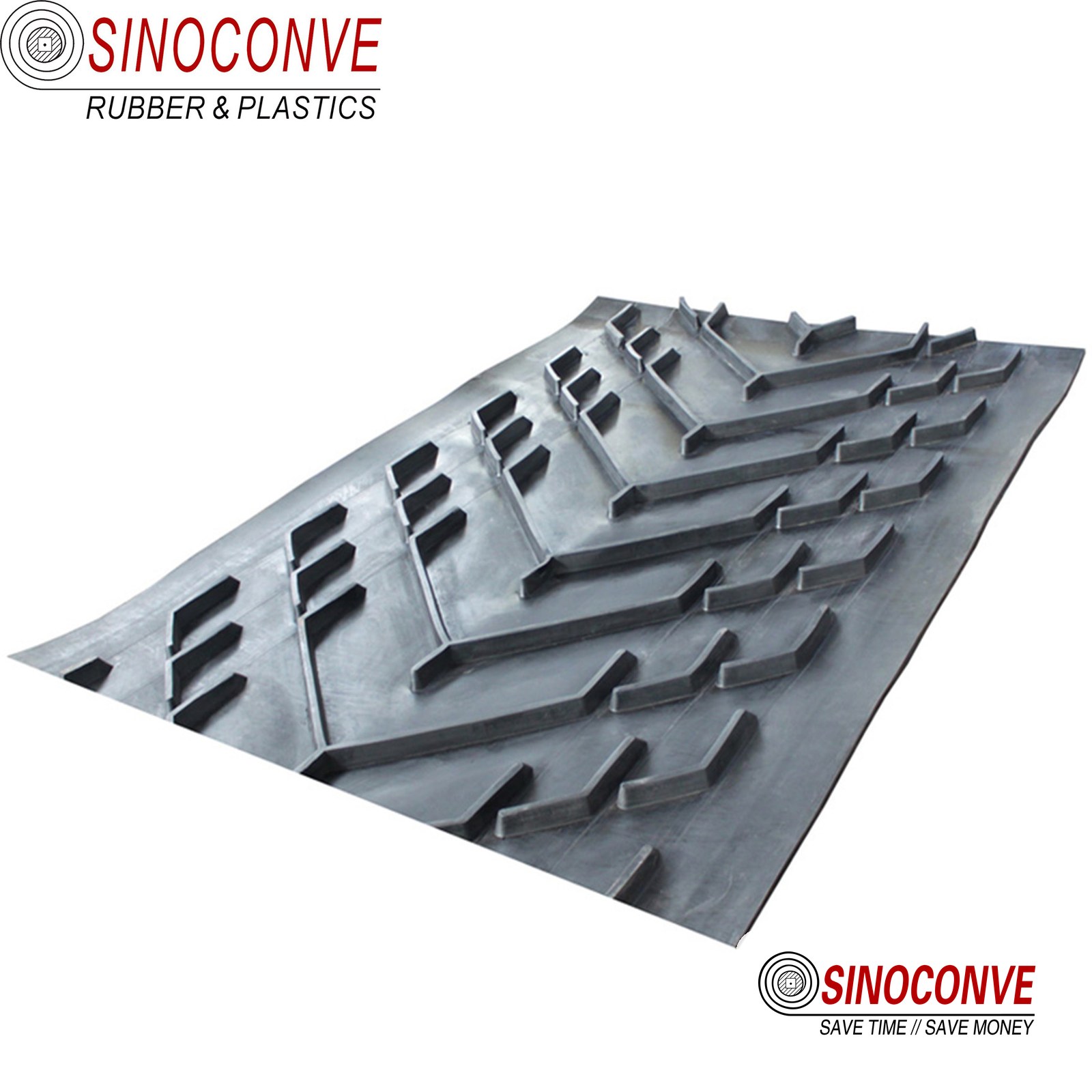 Ribbed chevron conveyor belt surface that a scraper blade cannot follow during conveyor belt cleaning