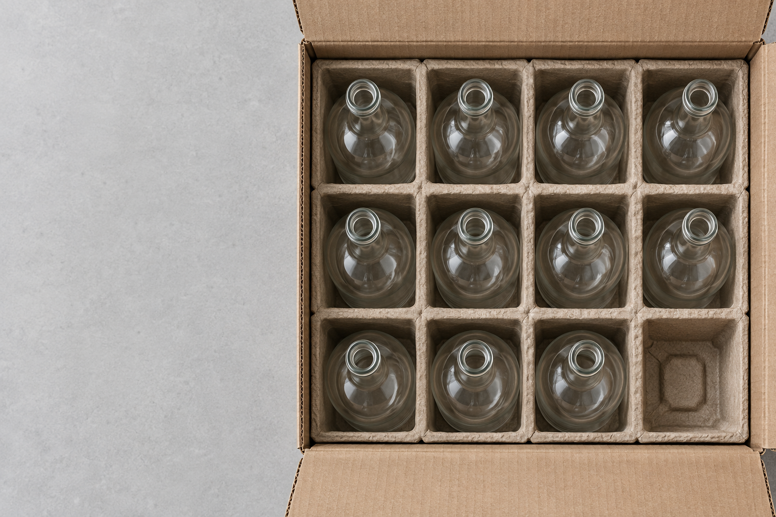 custom bottle delivery carton divider grid holding twelve unbranded glass bottles seen from above