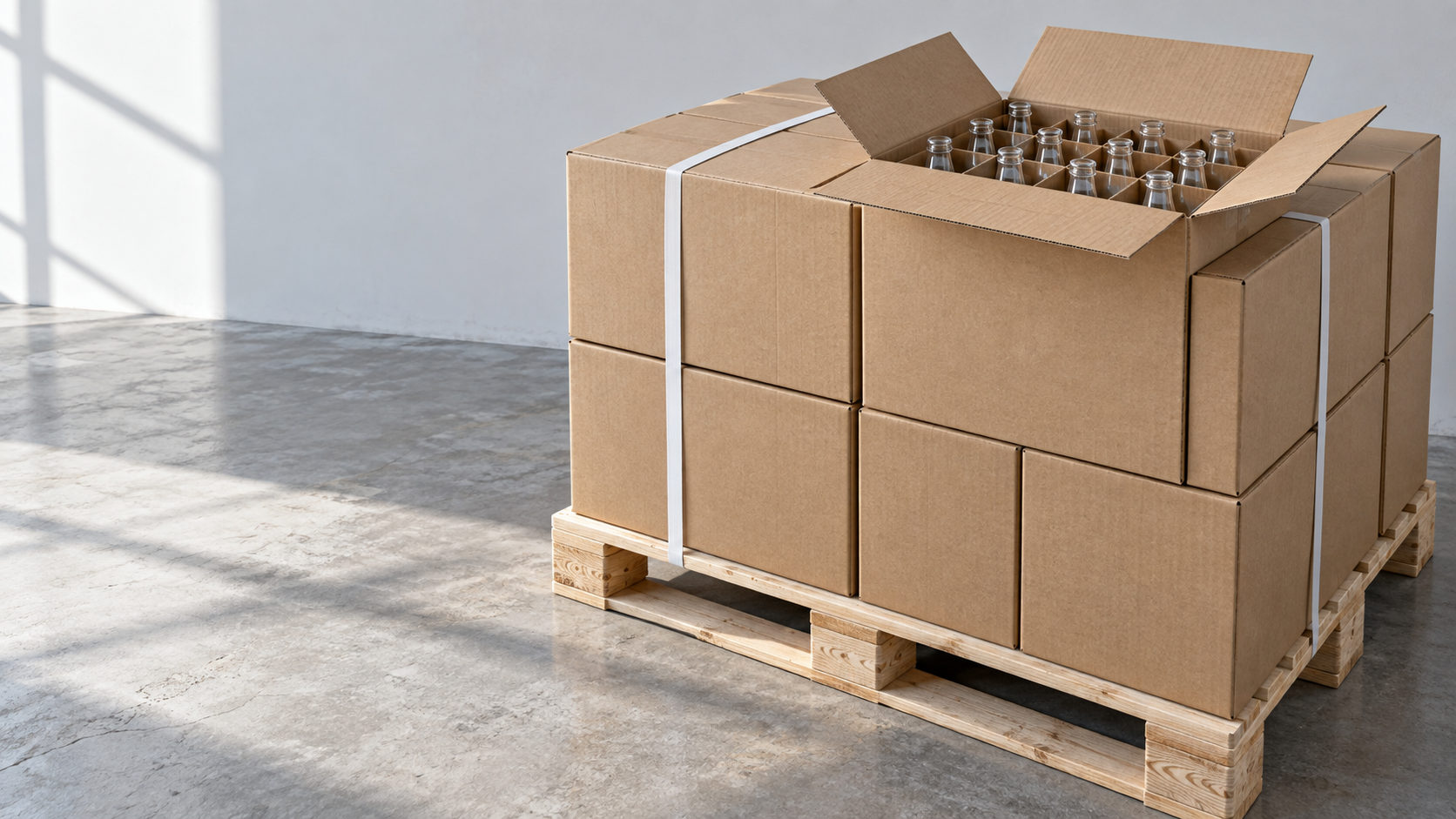 custom bottle delivery pallet of plain strapped cartons staged in a warehouse bay