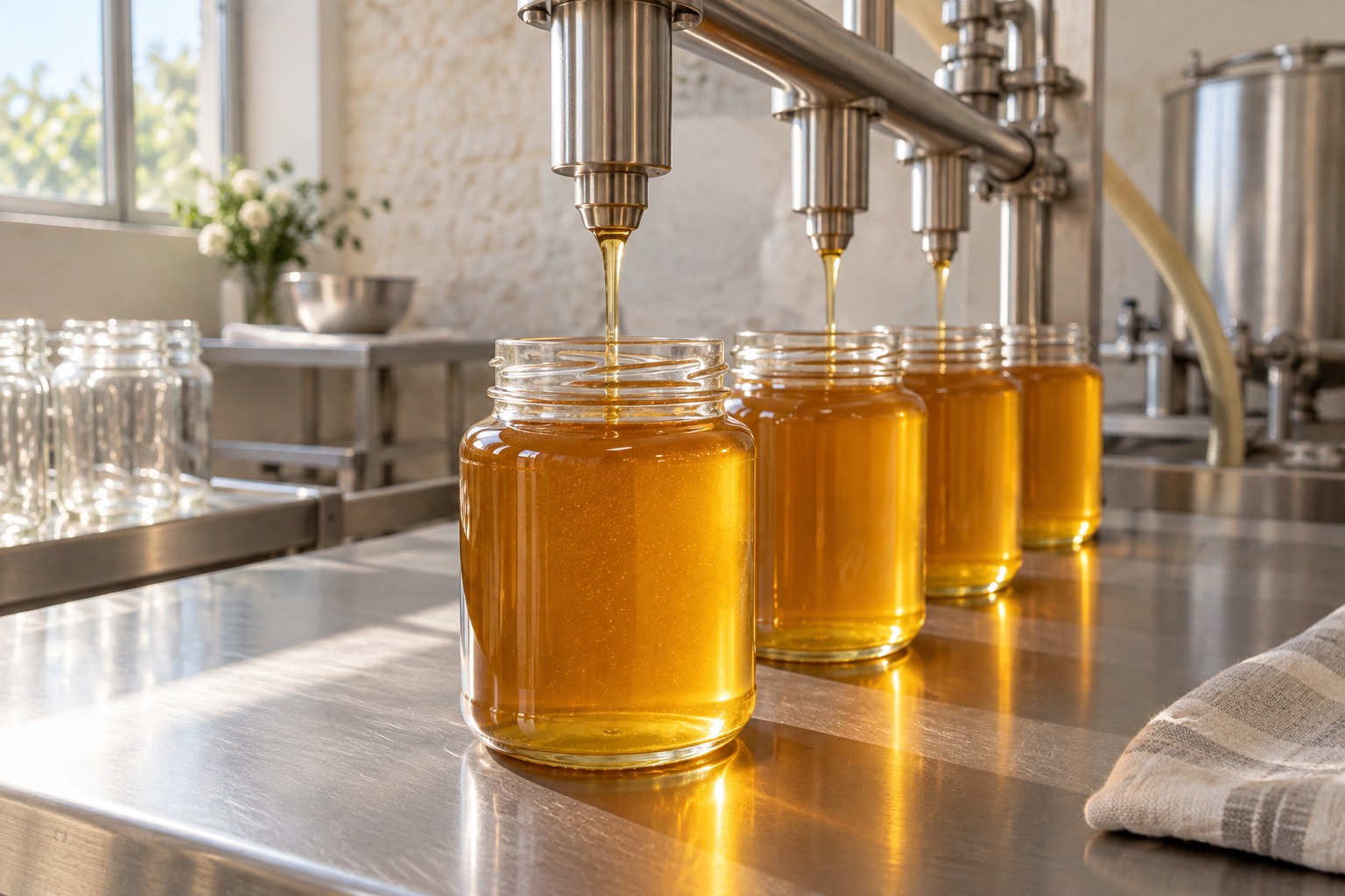 honey jar filling temperature trial with glass honey jars on a stainless filling bench under warm light