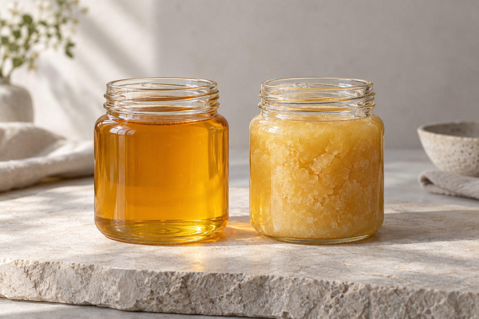 honey jar filling temperature comparison of clear and crystallised honey in two glass jars